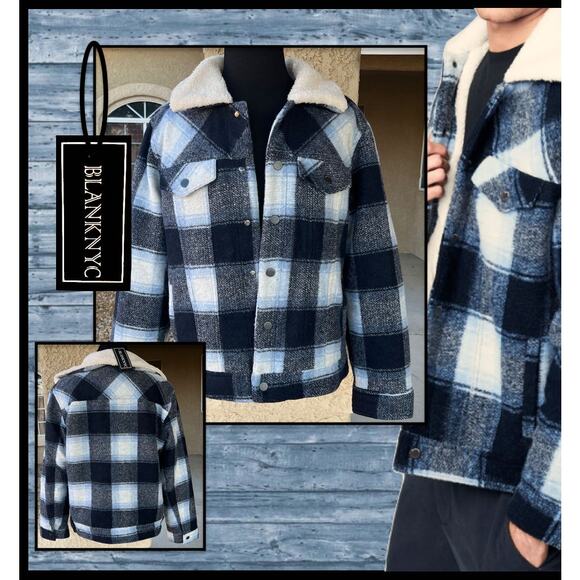 Blank NYC Men Plaid 30% Wool Blend Jacket Sherpa Collar and Lining Coat Size M